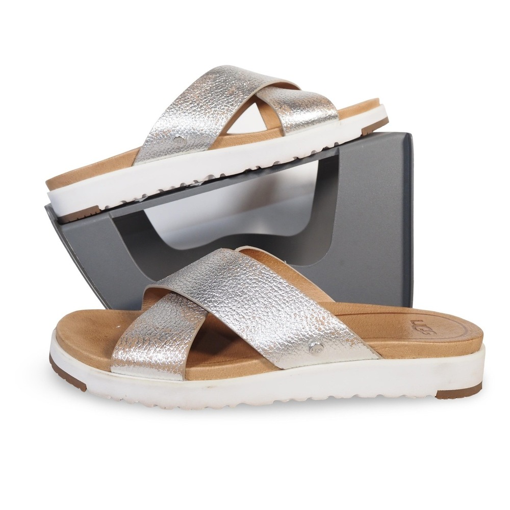UGG Kari Metallic Crisscross Sandals Women's 6.5 Silver Slides 1102911